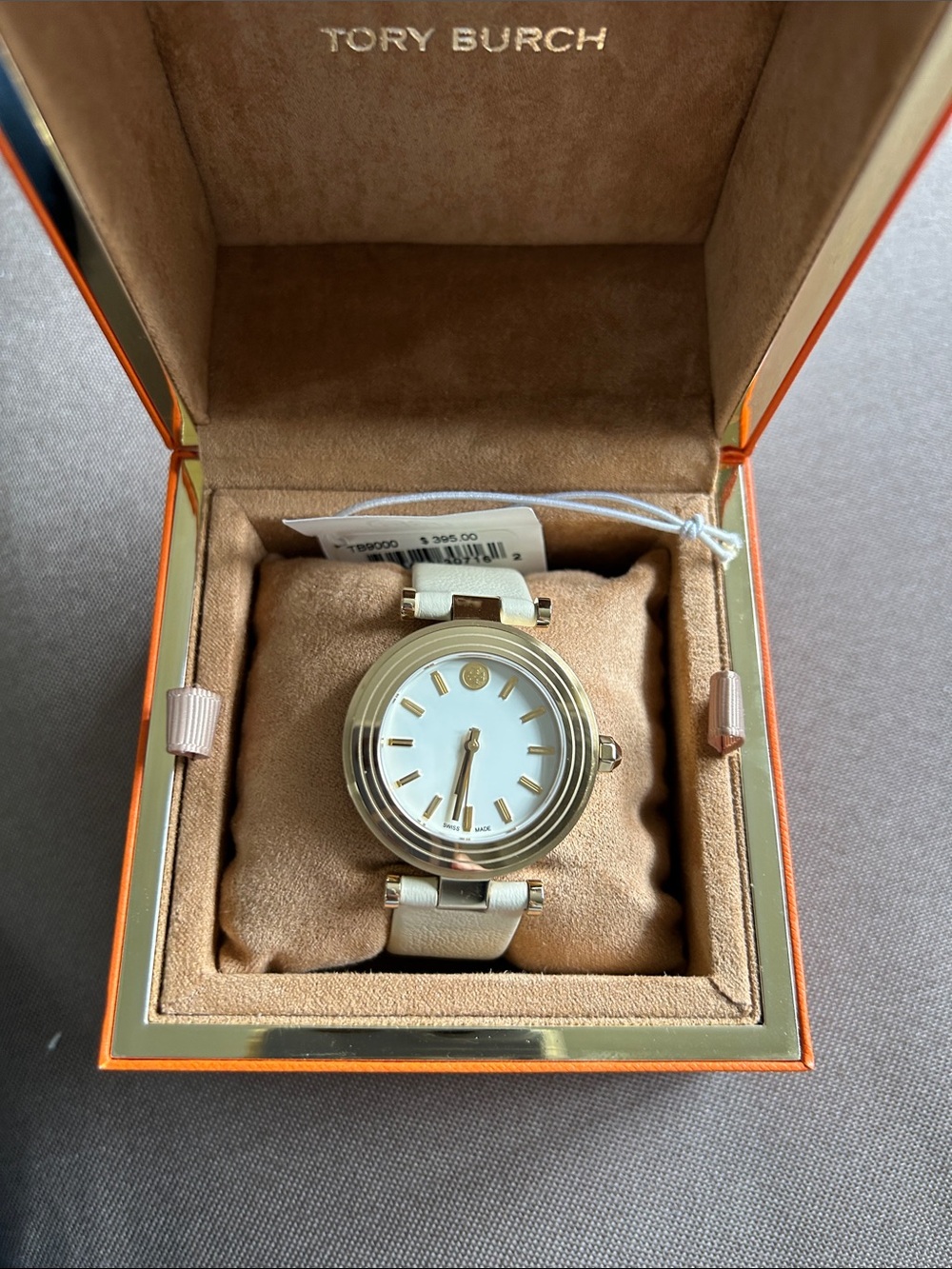 Tory Burch Beige Leather Strap Watch with Gold-Tone Case